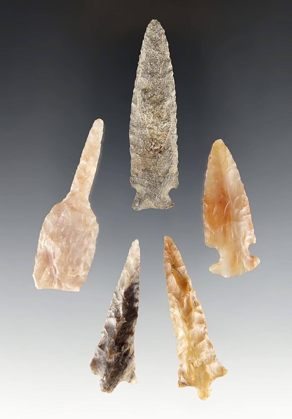 Set of 5 assorted points found near the Columbia River in Washington. The largest is 2 1/8".