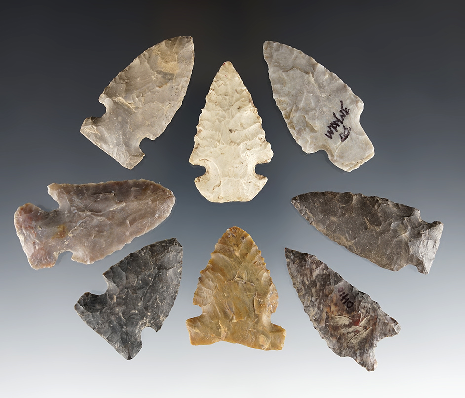 Set of 8 assorted Ohio points in good condition. The largest is 2 1/8".