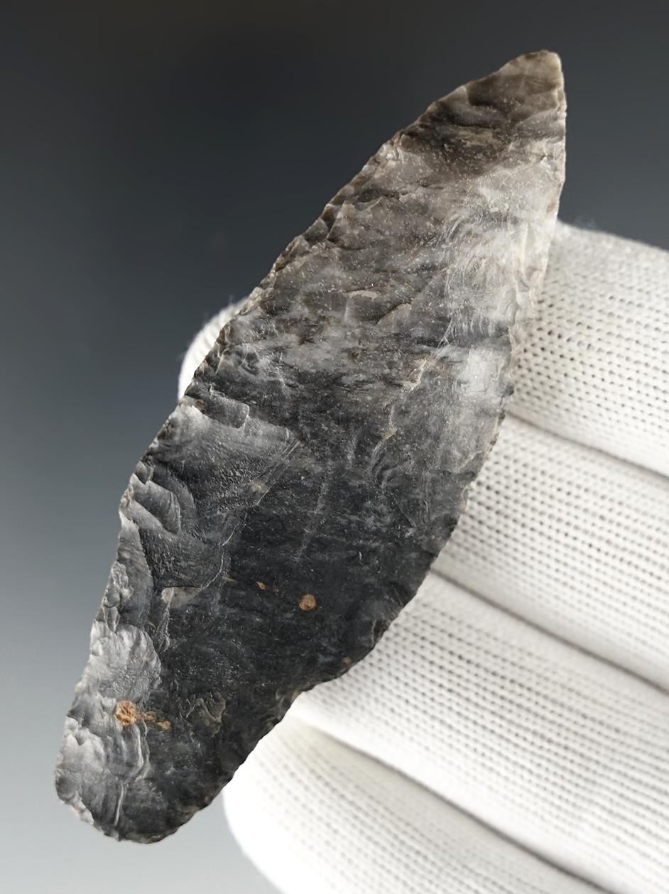 3 3/8" Adena made from a beautiful grade of Coshocton Flint. Found in Summit Co., Ohio.