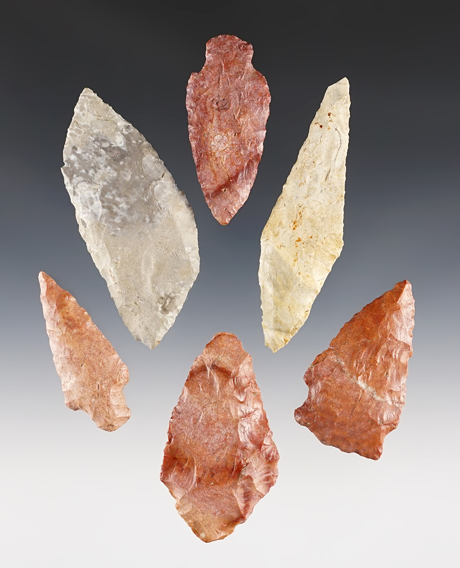 Set of 6 Kansas points. Most are made from Kay County Chert. The largest is 3 3/16".