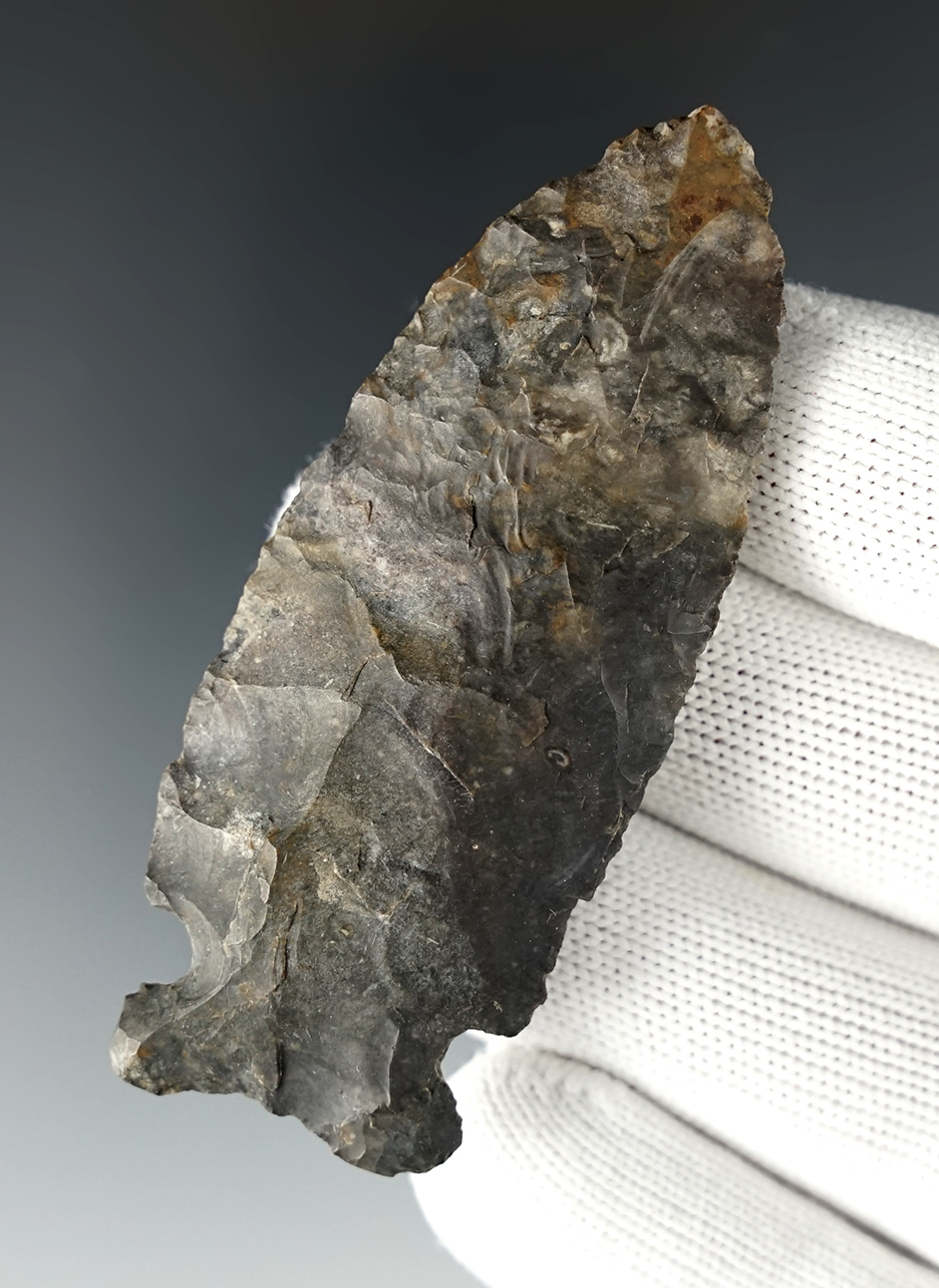 2 3/4" Archaic Sidenotch made from nicely colored Coshocton Flint. Found in Ohio.