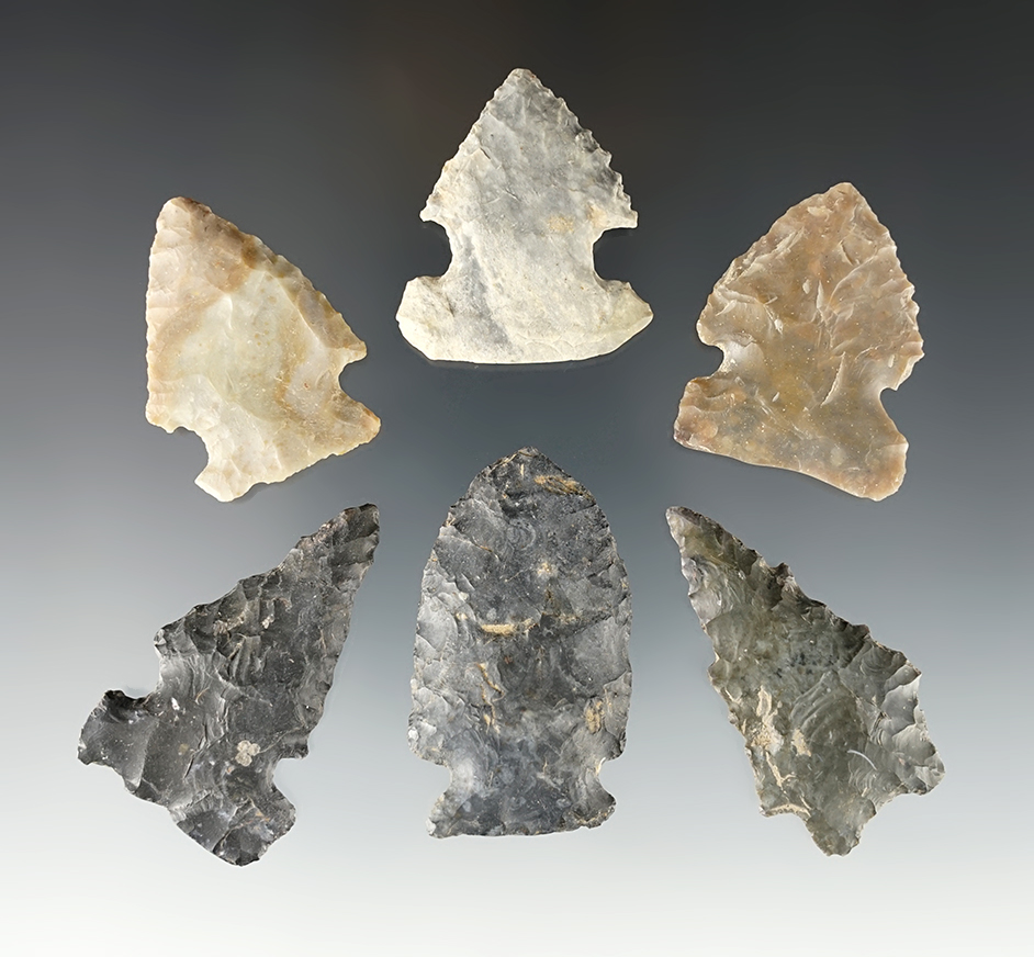 Set of 6 assorted points found by James Moffett between Zoar and Bolivar, Tuscarawas Co., OH.