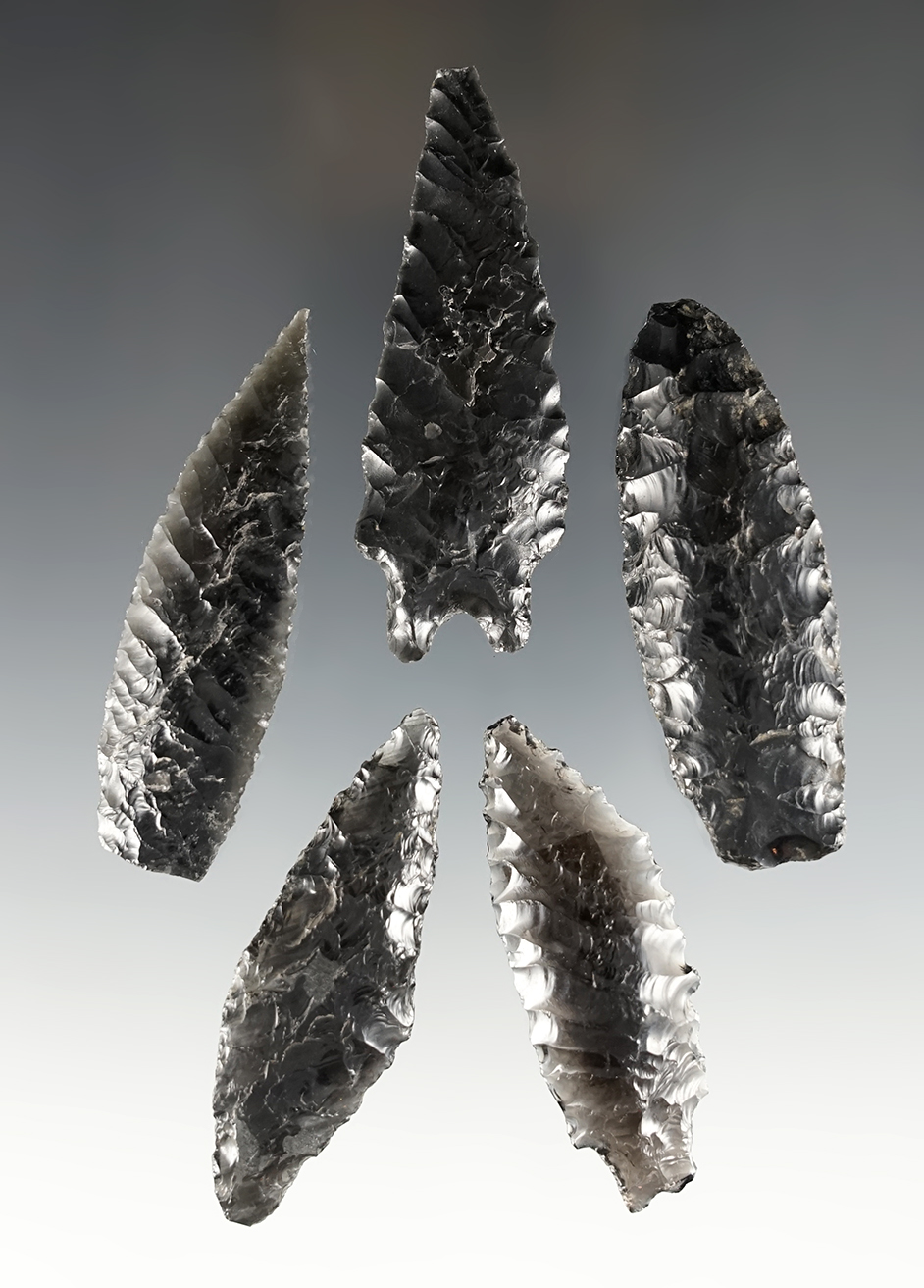 Set of 5 nice points found in Oregon. Made from Obsidian. The largest is 3 5/8".