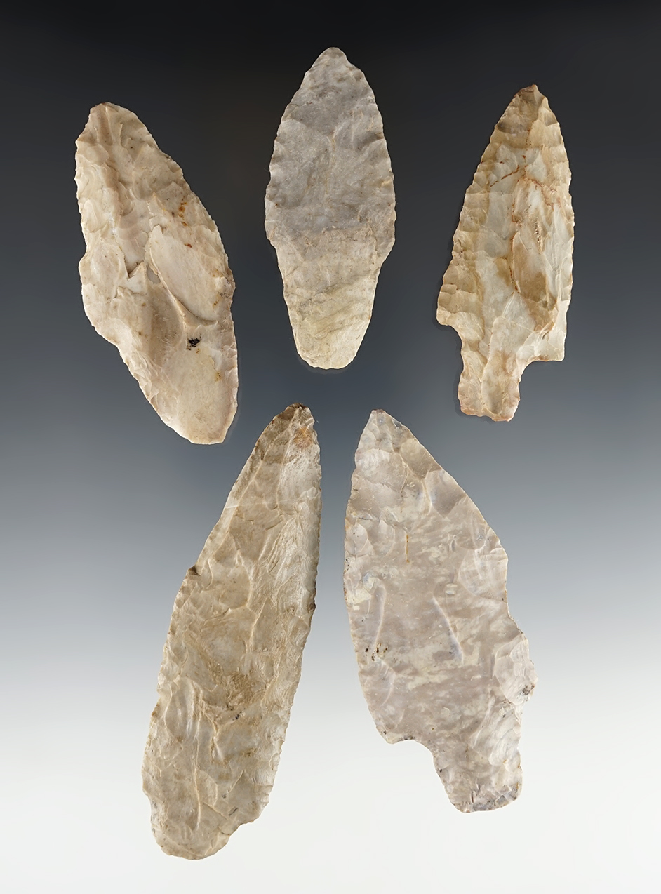 Set of 5 nice early Adena points made from assorted materials. Found in Ohio.