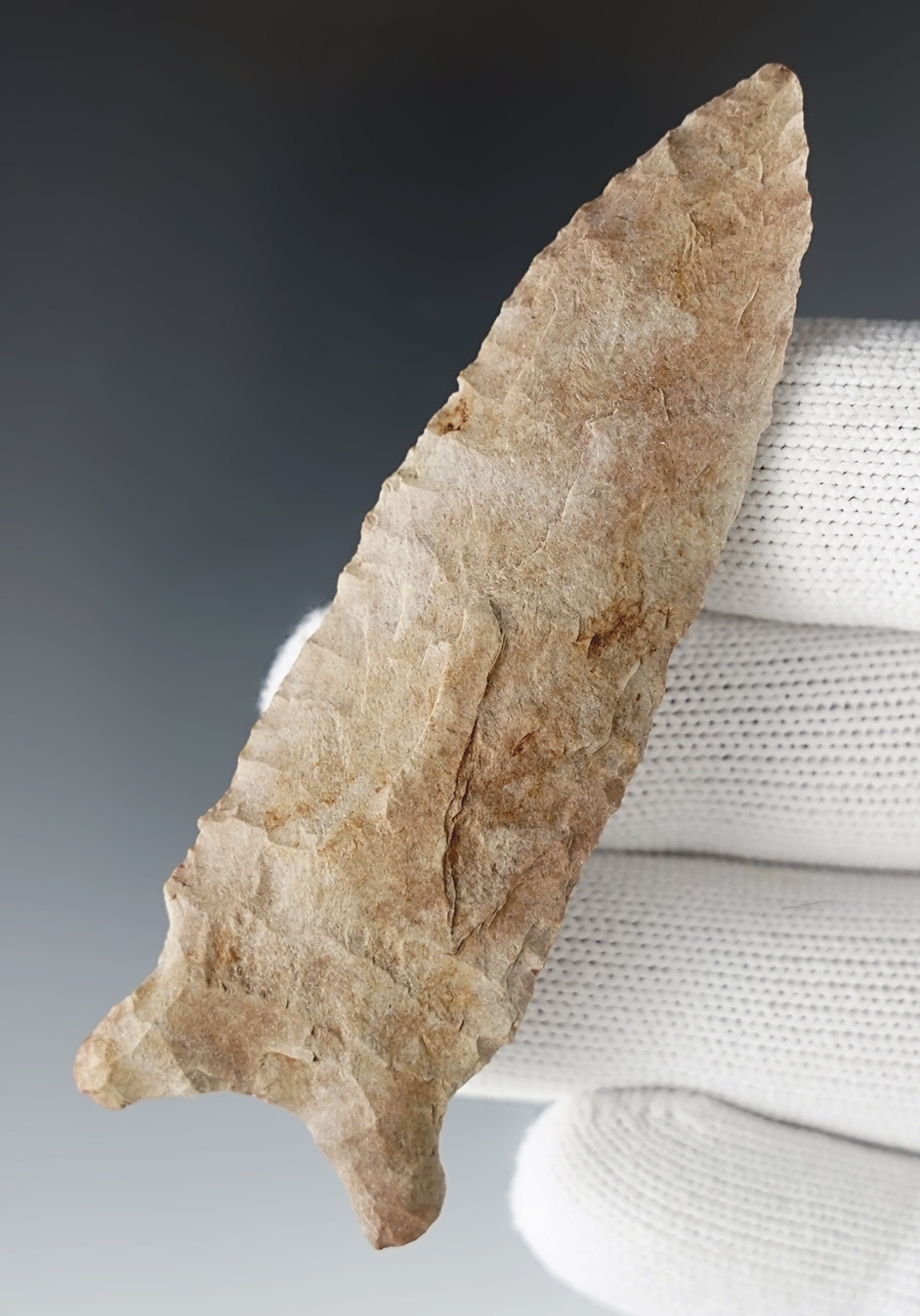3 3/16" Graham Cave recovered in Pettis Co., Missouri. Made from nicely patinated tan chert.