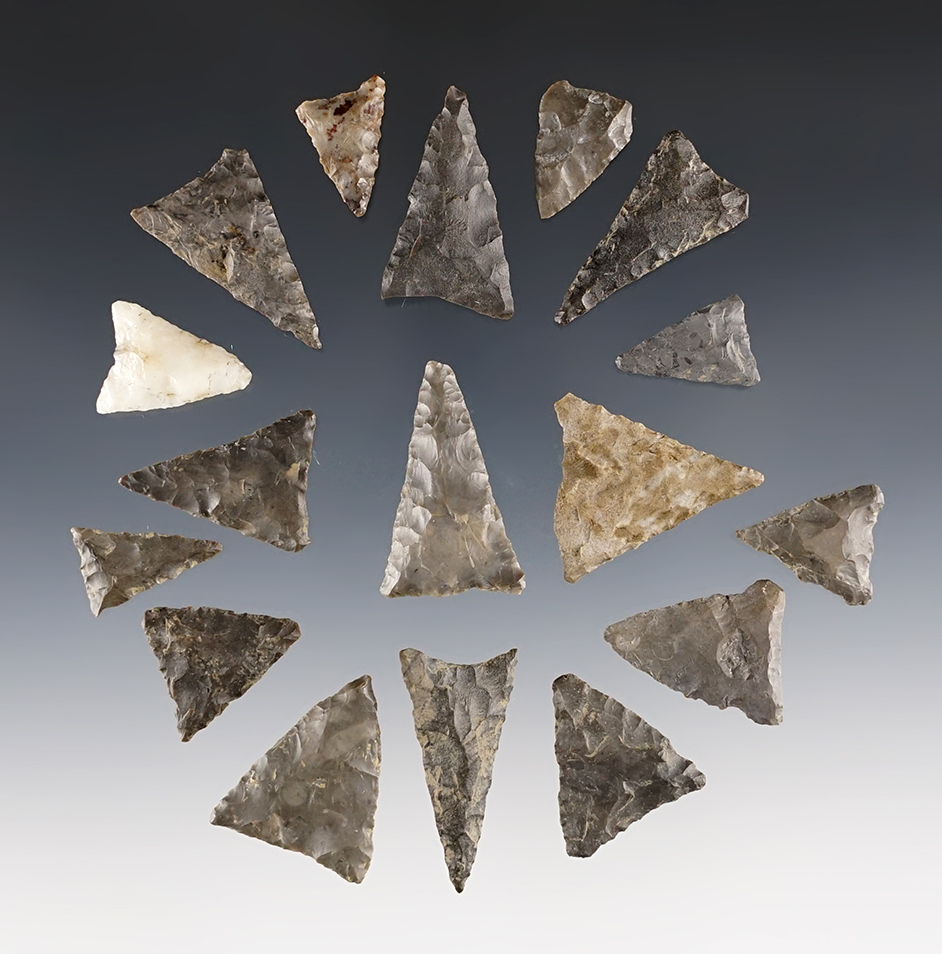 Set of 17 Midwest Triangle points that are well patinated. The largest is 1 1/4".