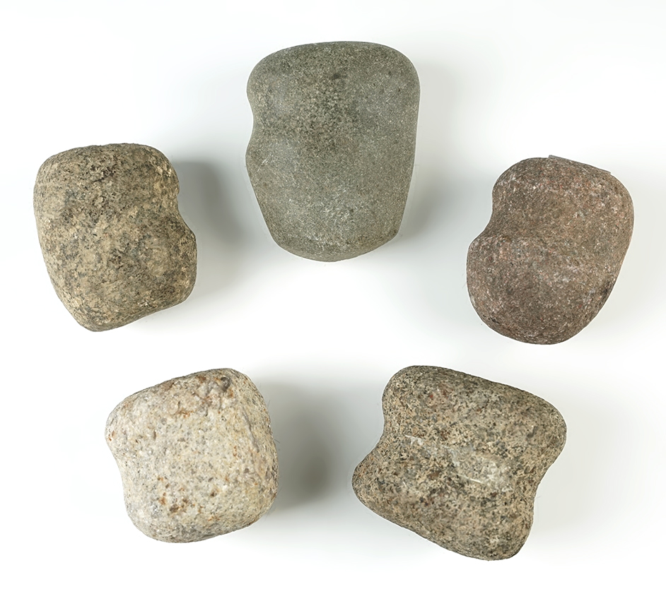 Set of 5 nicely made Hardstone Grooved Hammerstones found in Ohio. The largest is 2 3/4".