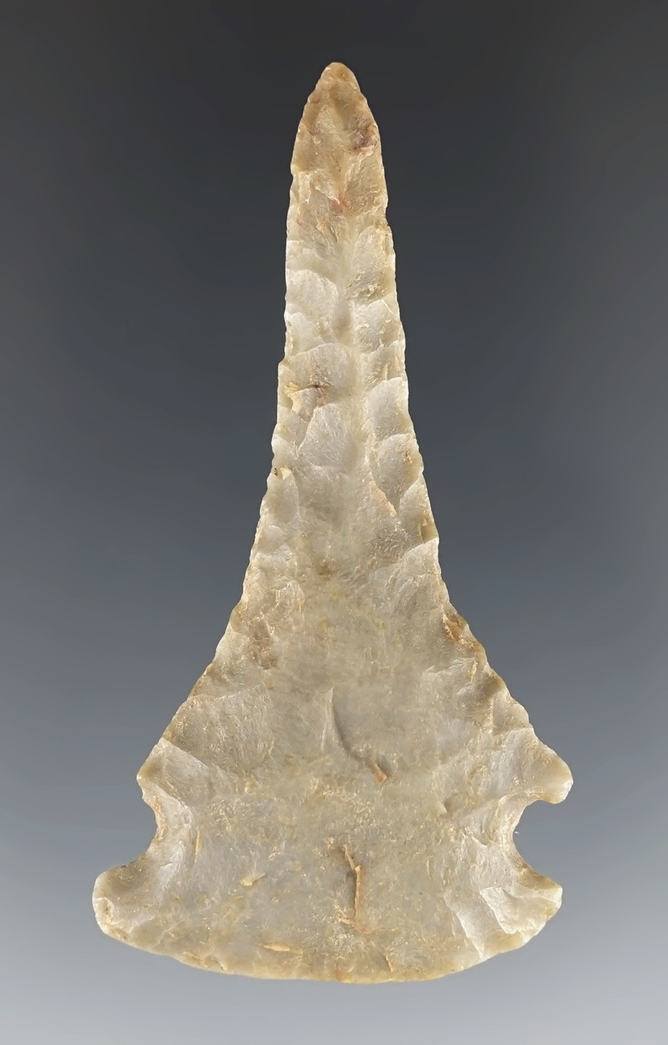 2 7/16" Dovetail Drill made from high-grade translucent flint. Heavy ancient grinding to base.