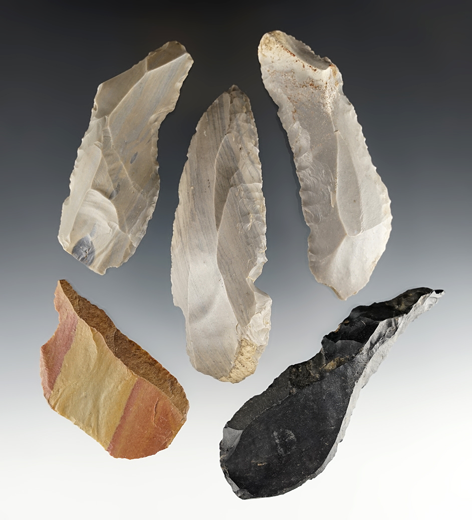 Set of 5 fine Paleo Uniface Knives from assorted areas. The largest is 3 3/4".