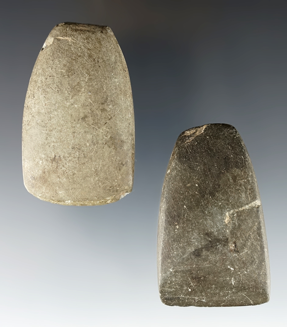 Pair of nice artifacts including 1 Adze and 1 Celt. Found by James Moffett, Tuscarawas Co., Ohio