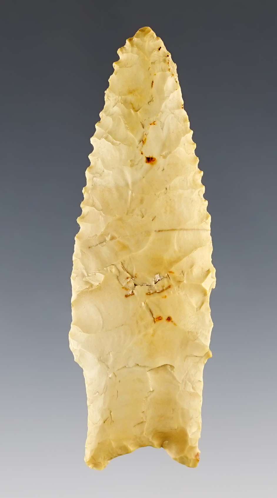 Finely serrated 2 15/16" Holland - Clay Co., Arkansas. Nice ancient grinding to the stem sides.