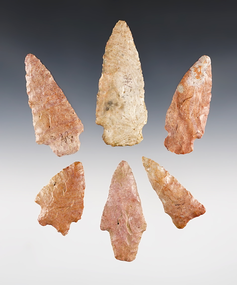 Set of 6 colorful points made from Kay County Chert. Found in the Kansas & Oklahoma area.