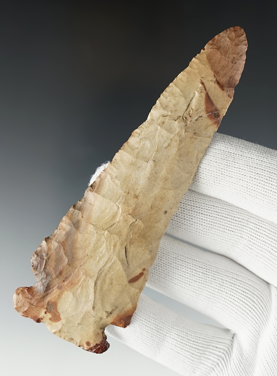 4 5/8" Archaic Sidenotch with restoration to one basal corner. Found in the Ohio/Indiana area.