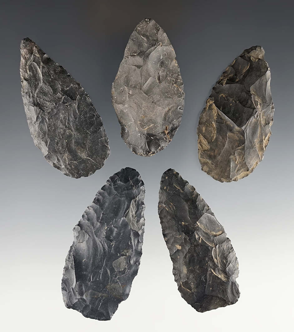 Set of 5 Blades/Blanks made from Coshocton Flint. Found in Ohio. The largest is 2 3/4"
