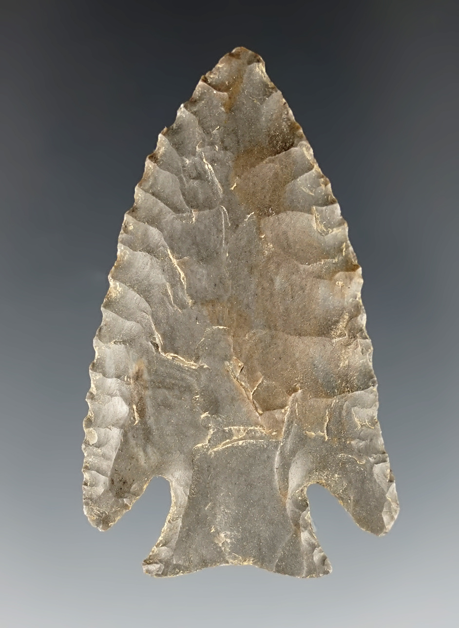 2 1/8" well flaked and nicely styled Archaic Cornernotch found in Boone County Kentucky.