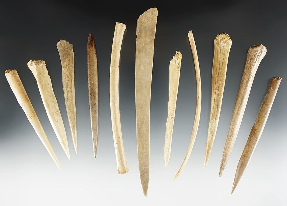 Set of 11 nice U.S Bone artifacts - Exact found location is unknown. The largest is 6 5/8".
