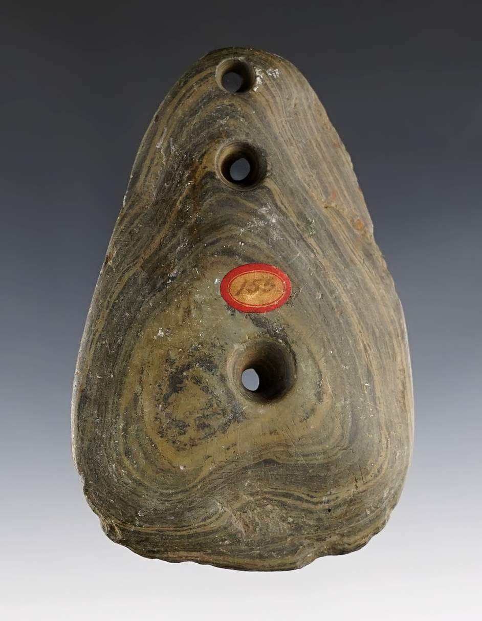 3 7/8" Glacial Kame 3-hole Gorget found in Ohio. Made from a beautiful and vivid Banded Slate.