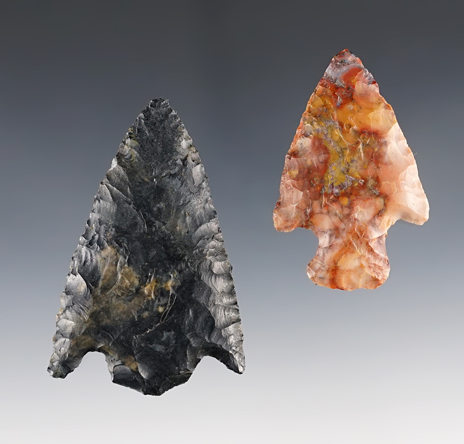 Pair of Hopewell points from Stark Co., Ohio. One is Coshocton, one is highly colorful Flint Ridge
