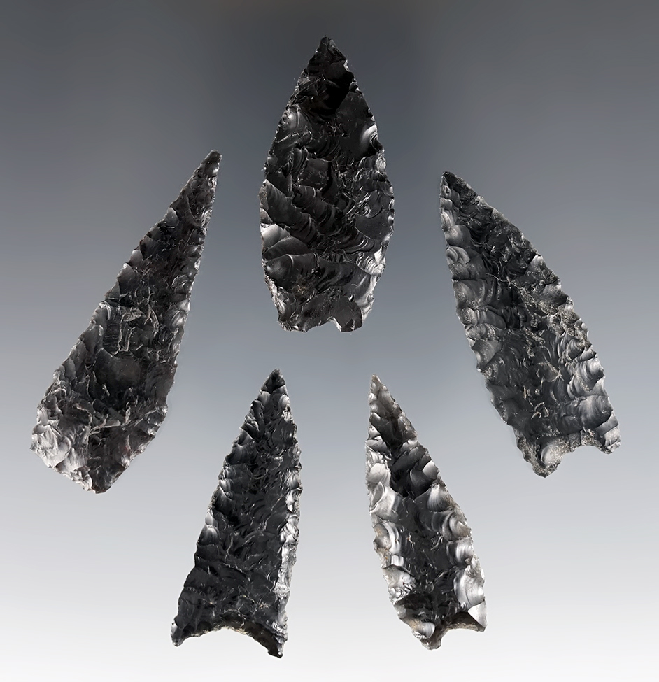 Set of 5 nice Obsidian points found in Oregon. The largest is 2 3/16".