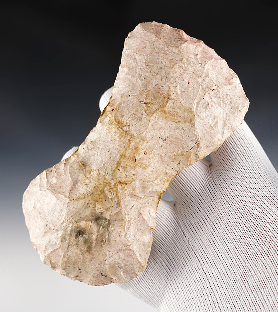 5 3/8" Double Bit Axe made from Kay County Chert. Recovered in Kansas. Very nice condition.