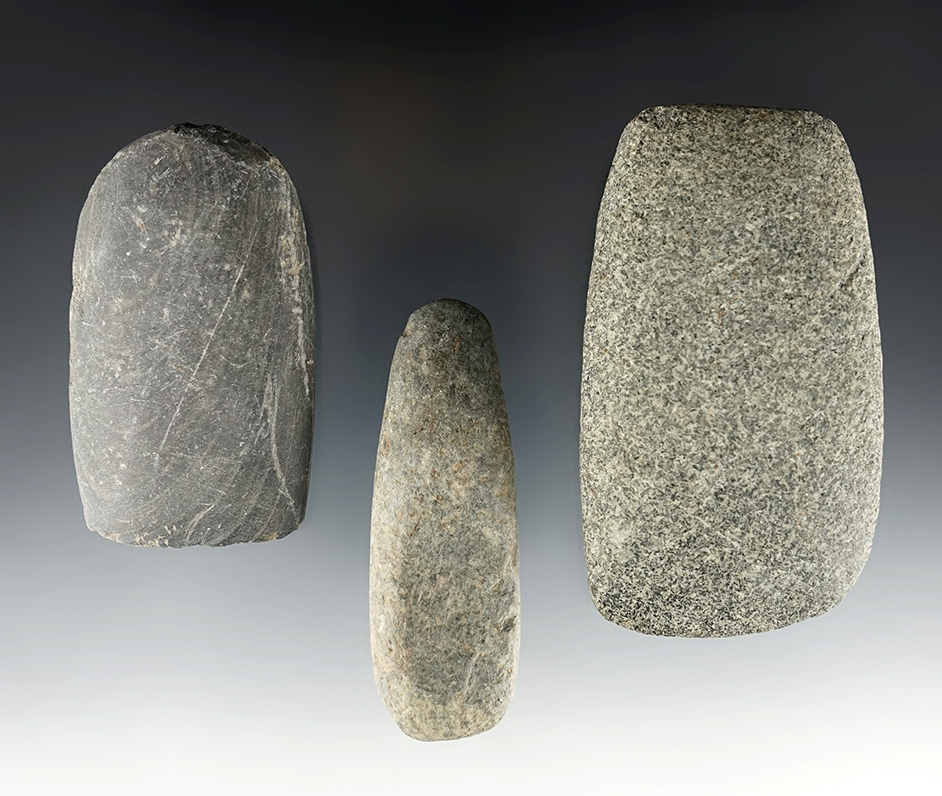 Set of 3 Indiana Stone Tools including a Celt, Adze and a Chisel. The largest is 3 7/8".