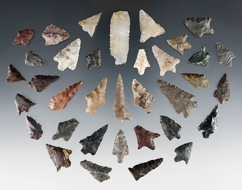 Set of 35 assorted points found in Clackamas Co., Oregon. The largest is 1 1/2".