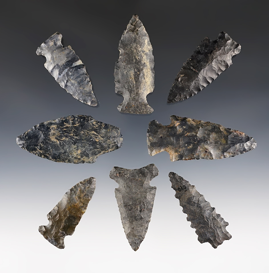 Set of 8 assorted Ohio points made from Coshocton Flint. The largest is 2 9/16".
