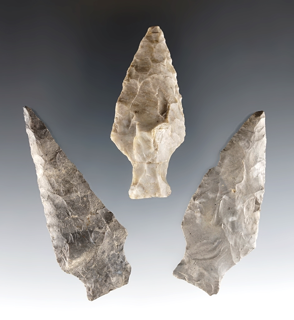 Set of three Ashtabula points in good condition. All were recovered in Wayne Co., Ohio.