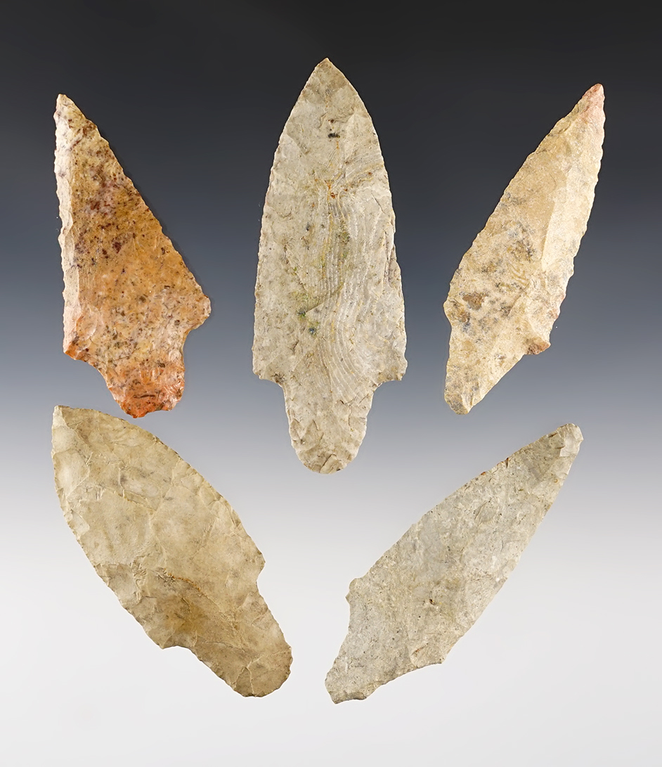 Set of 5 well made Kansas Adena points. The largest is 3 9/16".