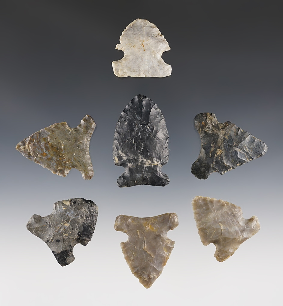 Set of 7 Archaic Sidenotched points found in Ohio. Most are made from Coshocton Flint.