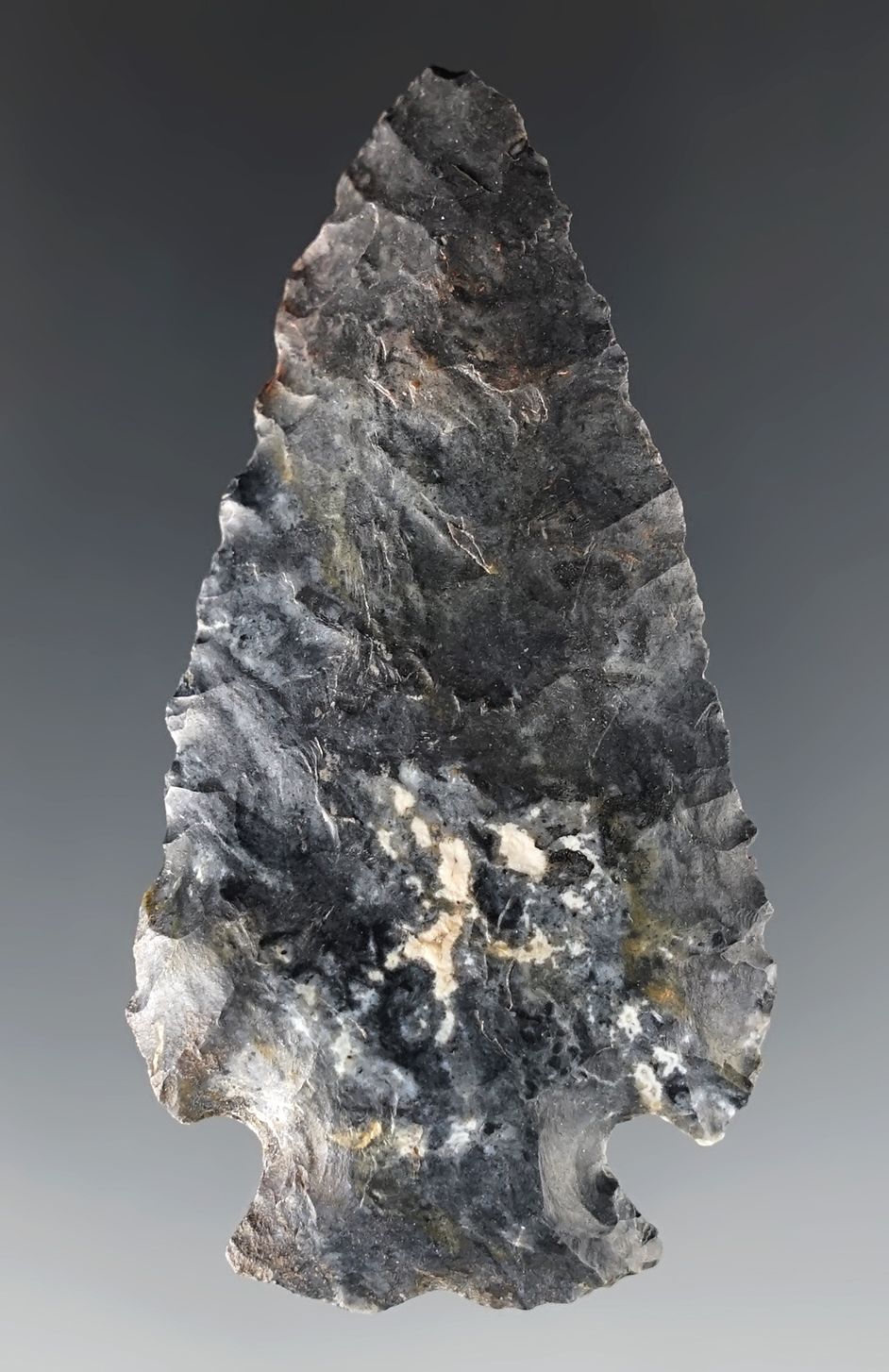 2 1/2" Archaic Ohio Notch-Base Dovetail that is steeply beveled. Made from Coshocton Flint.