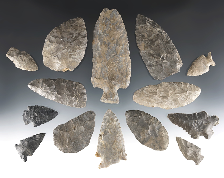 Set of 14 assorted points found in Chautauqua, New York. Ex. Jordan Christensen.
