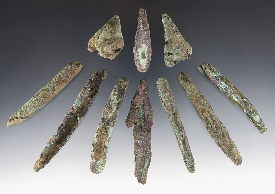 Set of 10 Old Copper Culture Artifacts found in the Michigan area. The largest is 3 5/16".