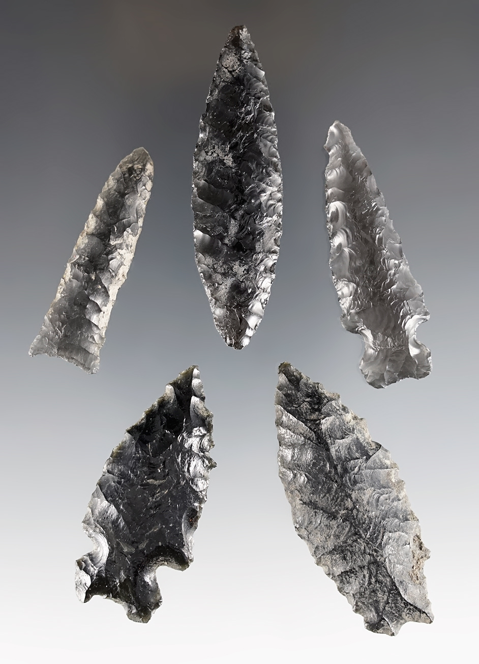 Set of 5 well patinated Obsidian points found in Oregon. The largest is 2 1/2".