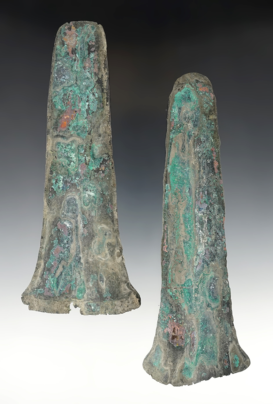 Set of 2 Copper Aztec Hoe Money, largest is 6" long. Recovered in Mexico.