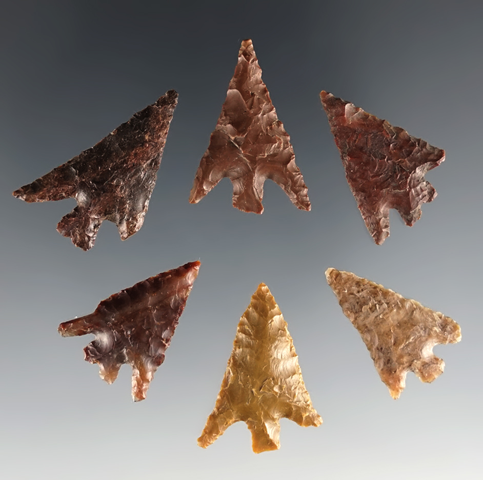 Set of 6 colorful Columbia Plateau points found near the Columbia River in Oregon.