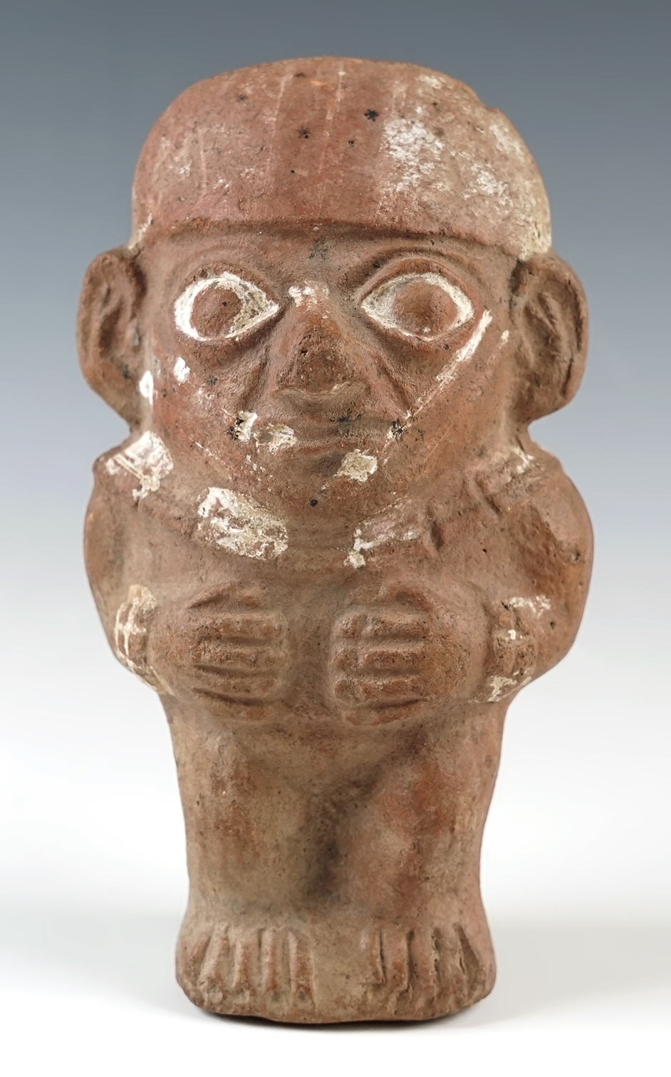 5 1/8" tall Pre-Columbian Human Figure made from fired clay. Recovered in Mesoamerica.