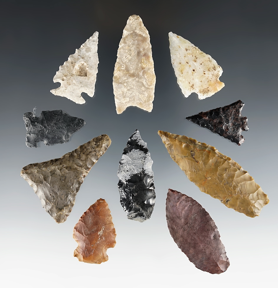Set of 10 assorted points found in the Western U.S. The largest is 2 1/2".