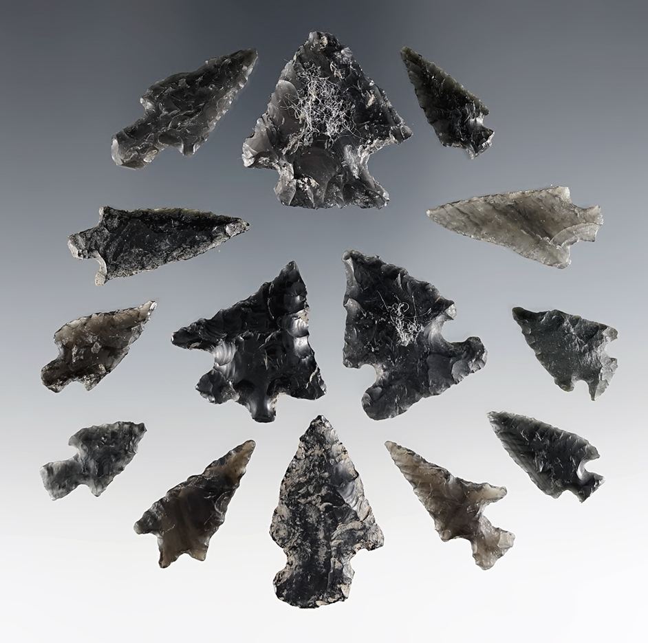 Set of 14 assorted Obsidian points found in Oregon. The largest is 1 5/16".