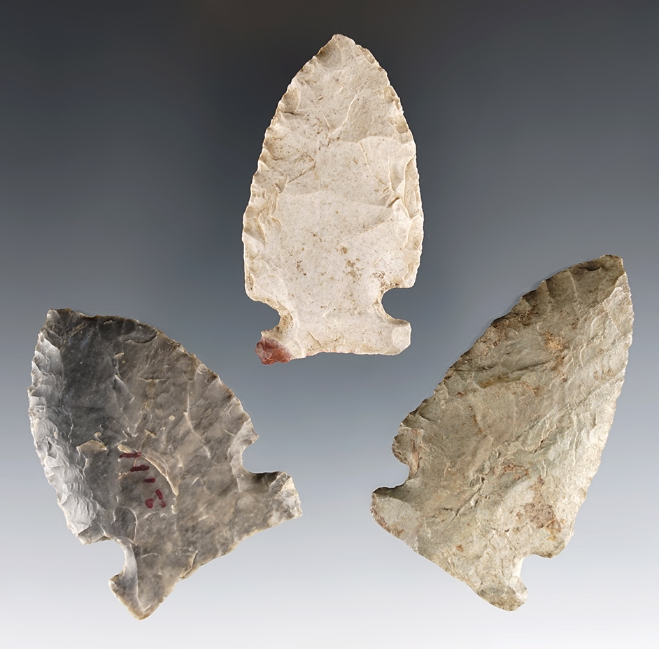 Set of three nicely made Ohio Sidenotched points. The largest is 2 3/8".