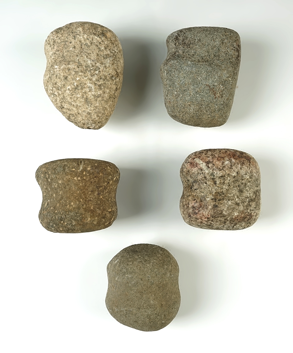 Group of five grooved hammerstones recovered in Ohio in nice condition. Largest is 3 1/8".