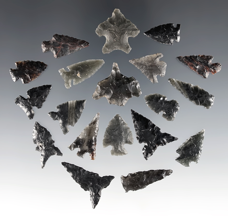 Set of 19 assorted Obsidian points found in the Great Basin area. The largest is 1 1/16".