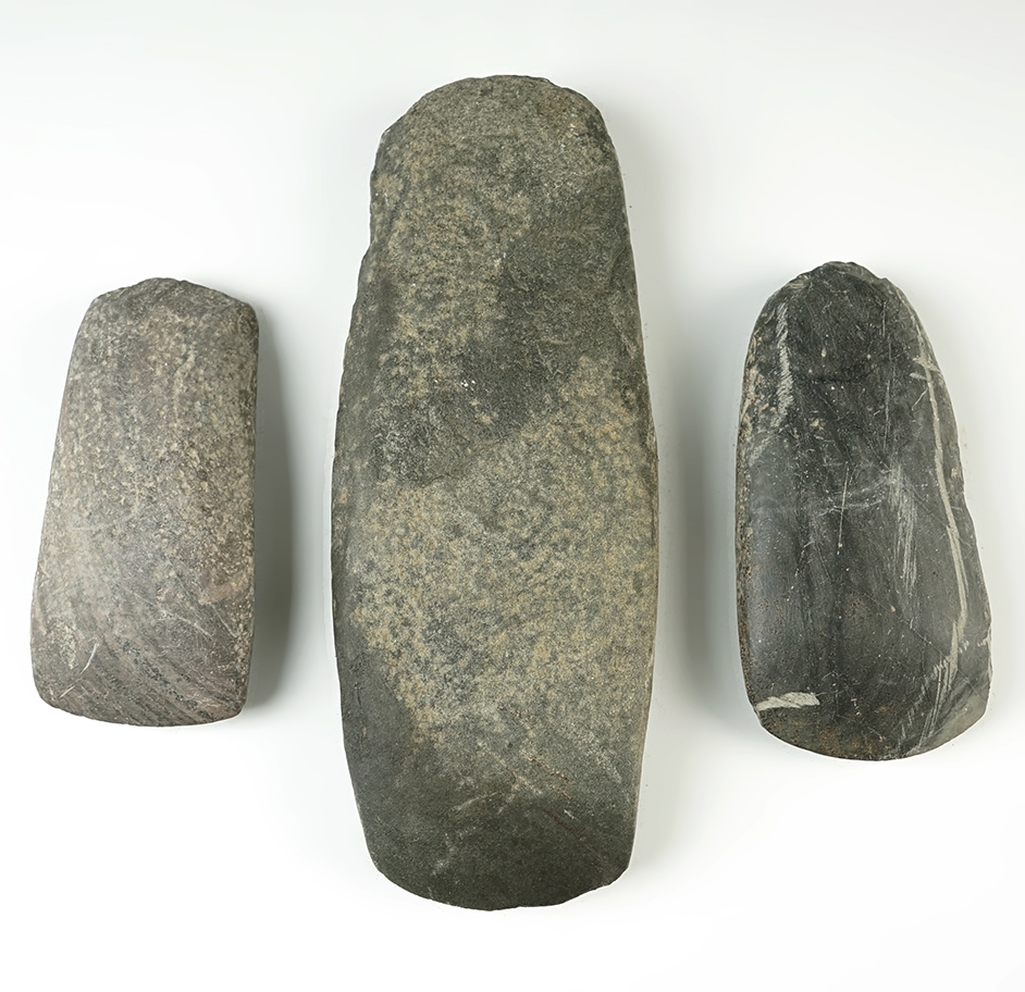 Set of three stone Celts including one that is 7 3/4" recovered at the Kelly farm, Erie County Ohio