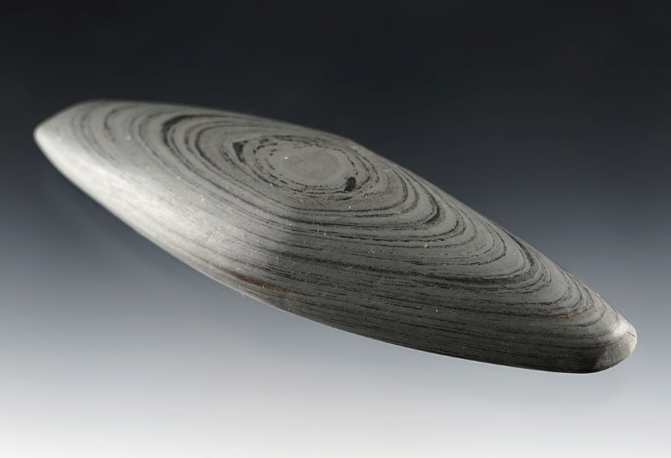 4 7/16" undrilled Adena gorget made from beautifully banded glacial slate - Shelby County OH.