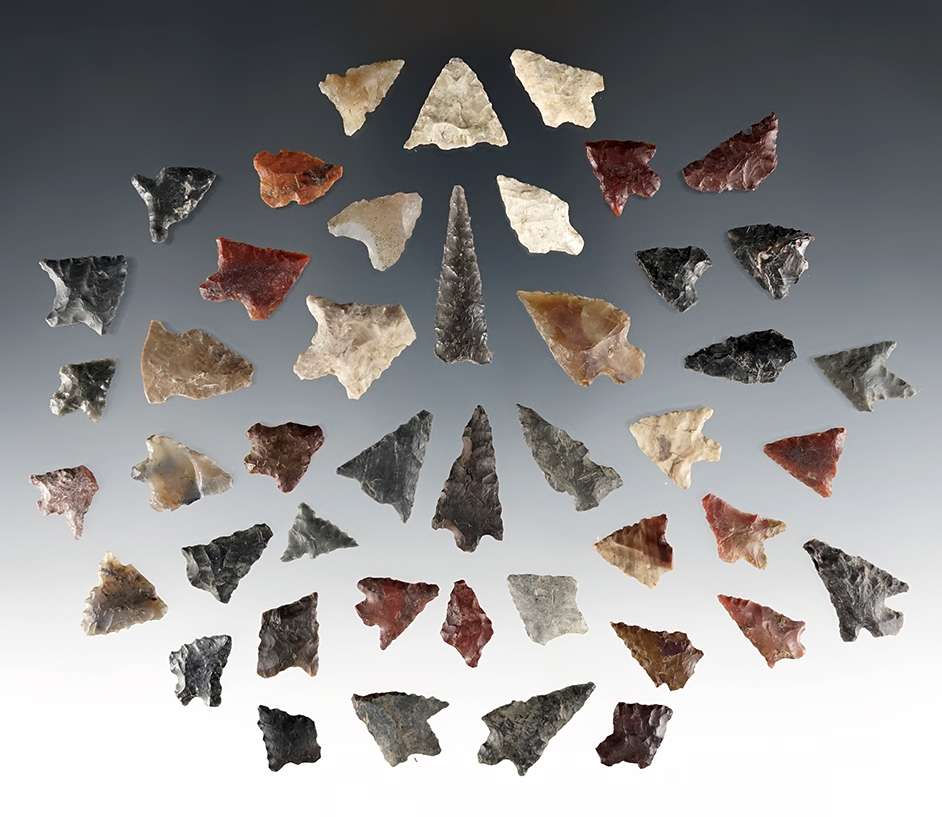 Set of 45 assorted points found in Clackamas Co., Oregon. The largest is 1 1/8".
