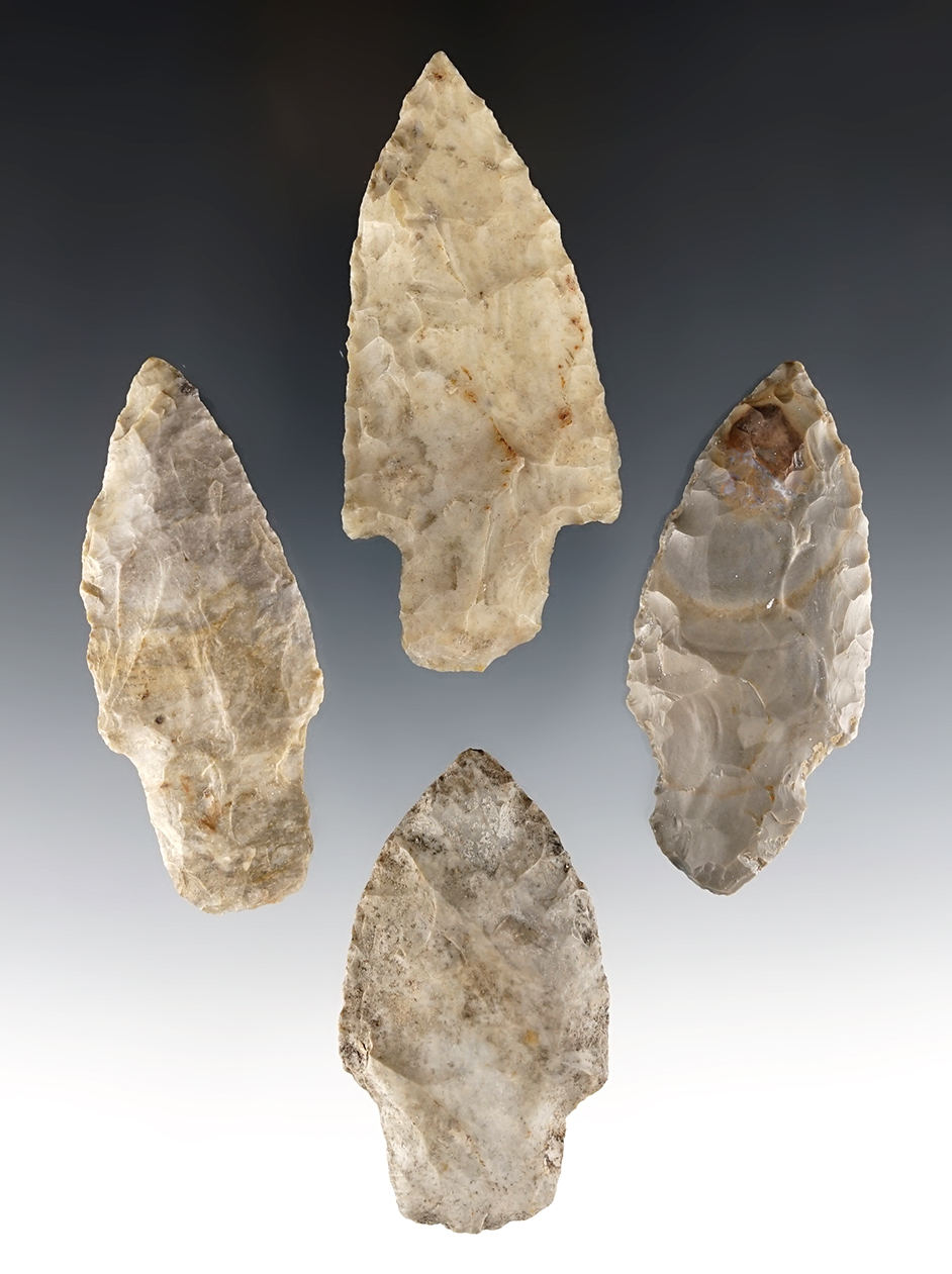 Set of 4 classic Ohio Adena points. The largest is 3 1/16".