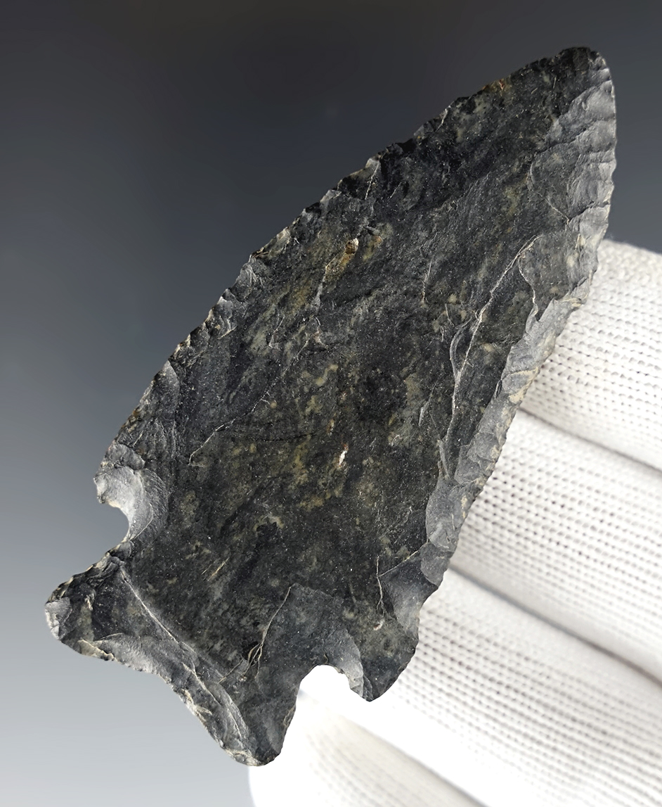 3 1/16" Archaic Cornernotch made from patinated Coshocton Flint. Found in Ohio.