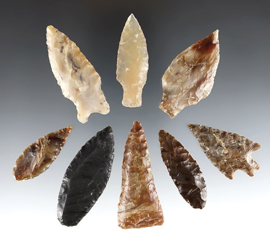 Set of 8 assorted points found near the Columbia River in Washington. The largest is 2 3/16".